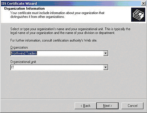 [IIS Certificate]ウィザード - 組織情報